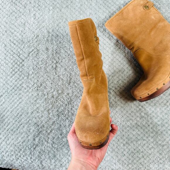 UGG Australia vtg y2k Lynnea Chestnut Brown Studded Wood Clog Sherpa Lined Boot - Picture 3 of 7